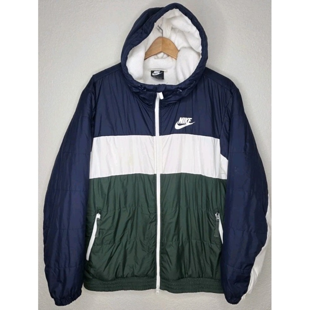 Nike Men XL Blue Green Insulated Hooded Jacket Colorblock Thick Fleece Lined